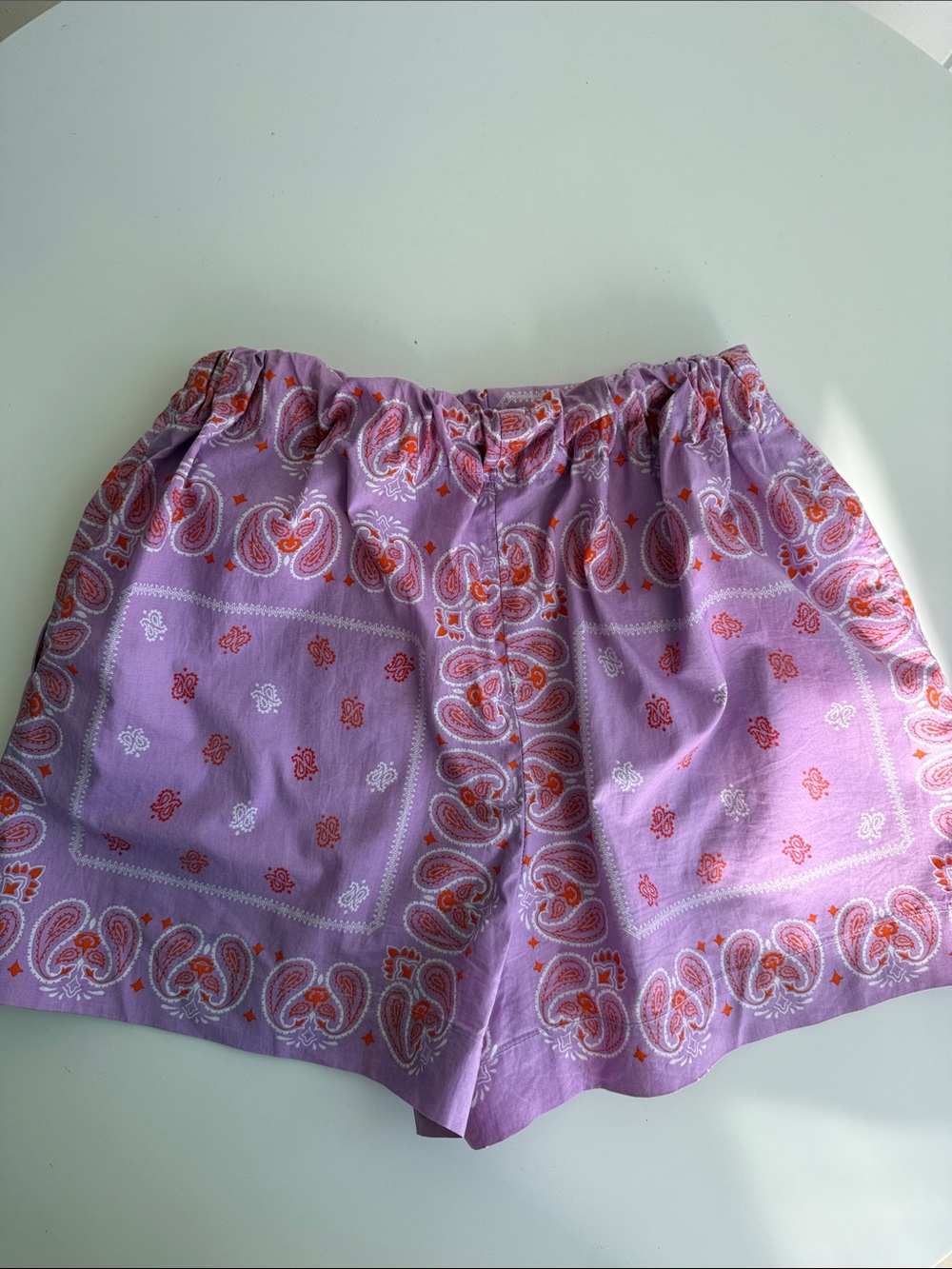 Maje Lavender Paisley Elastic Waist Shorts with Orange Accents